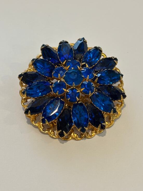 Vintage Jewelry - Vintage Blue Rhinestones Brooch Gold Tone Austria?